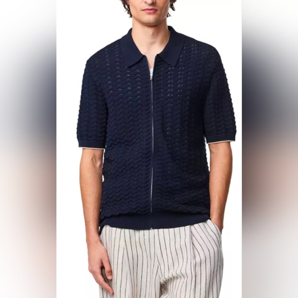NN07 Gustav 6636 Regular Fit Short Sleeve Full Zip Front Sweater in Navy Medium